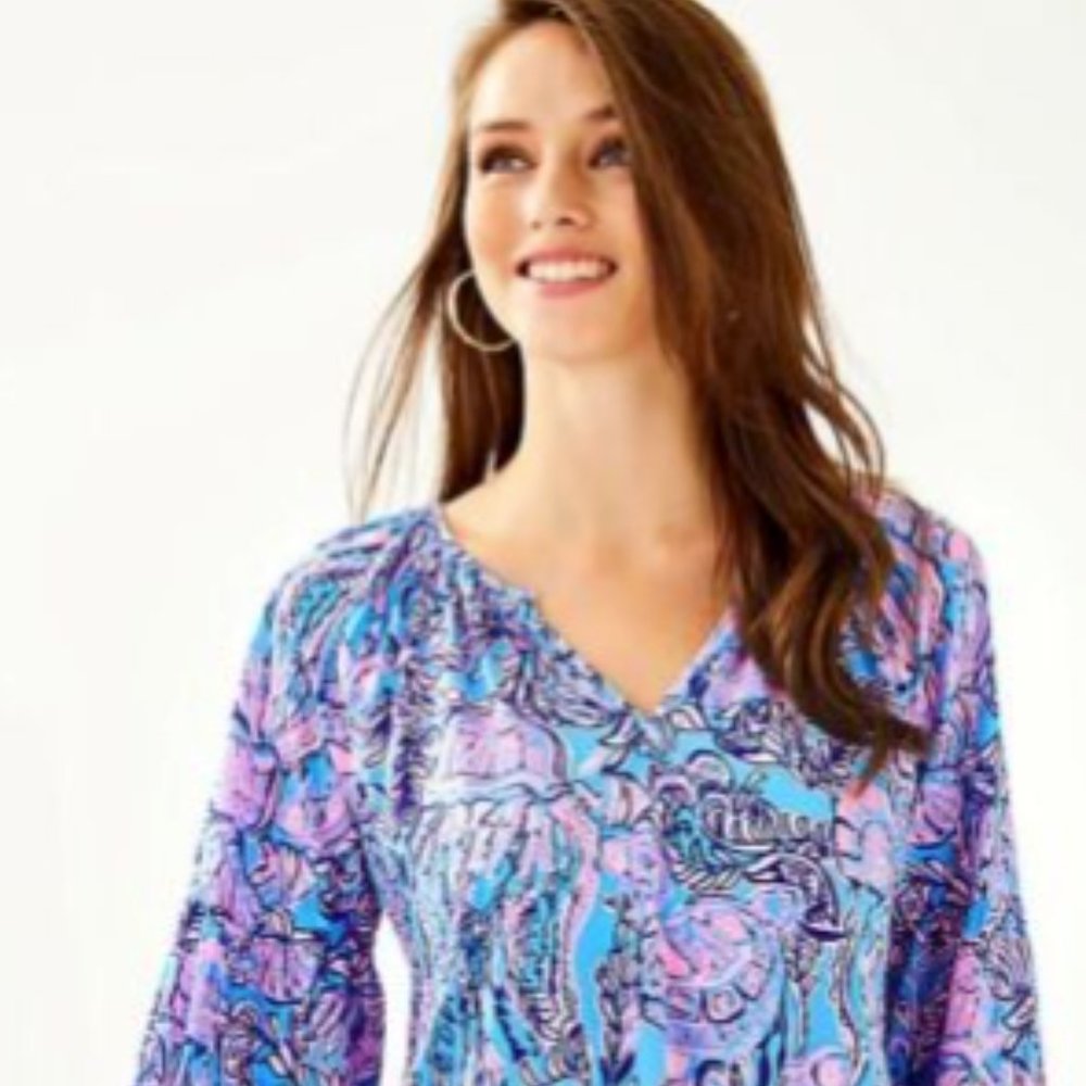 Lilly Pulitzer Blue Pink Purple Paisley V-Neck Blouse